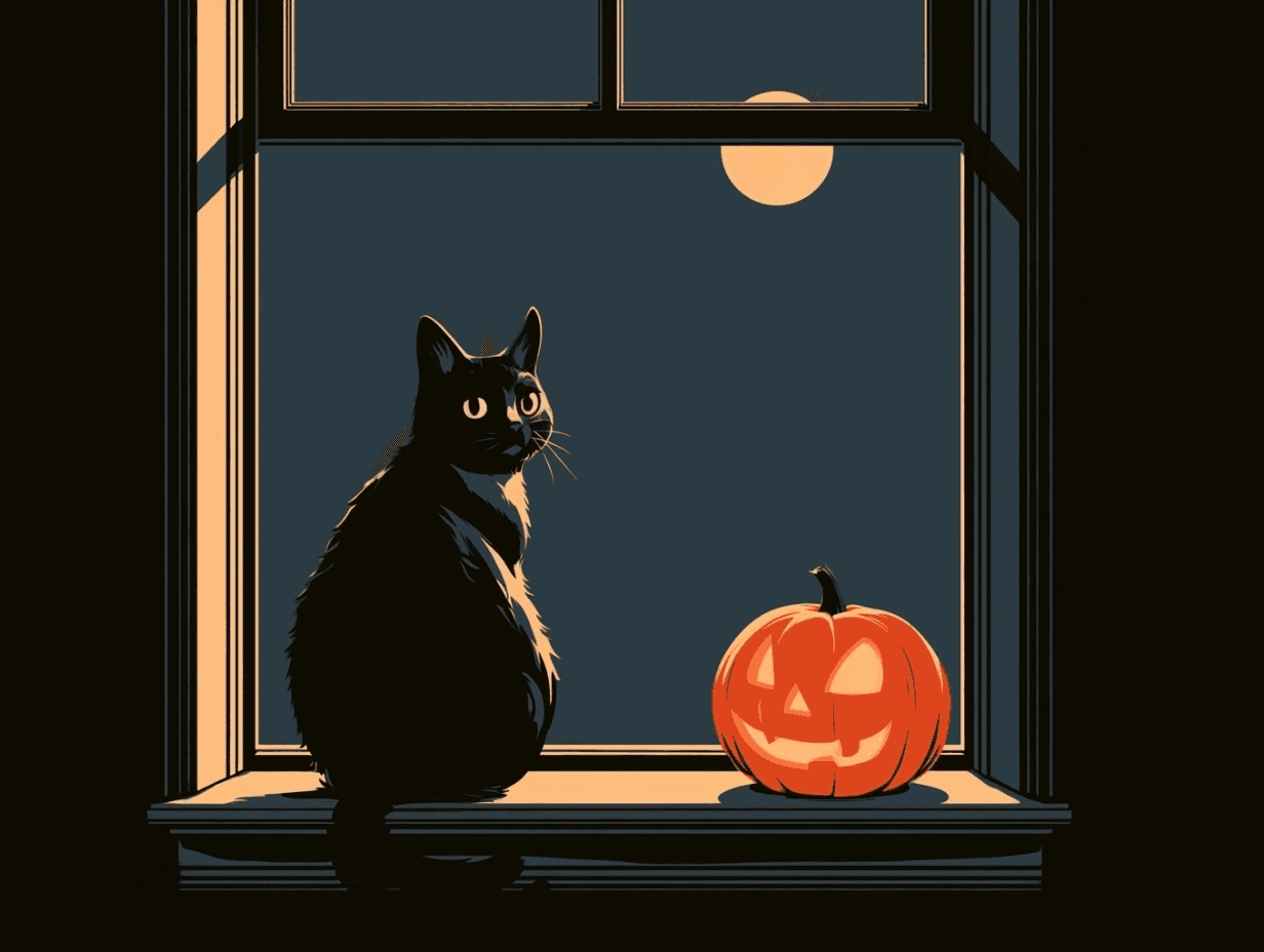 A tuxedo cat on a window sill beside a jack-o'-lantern, under a full moon